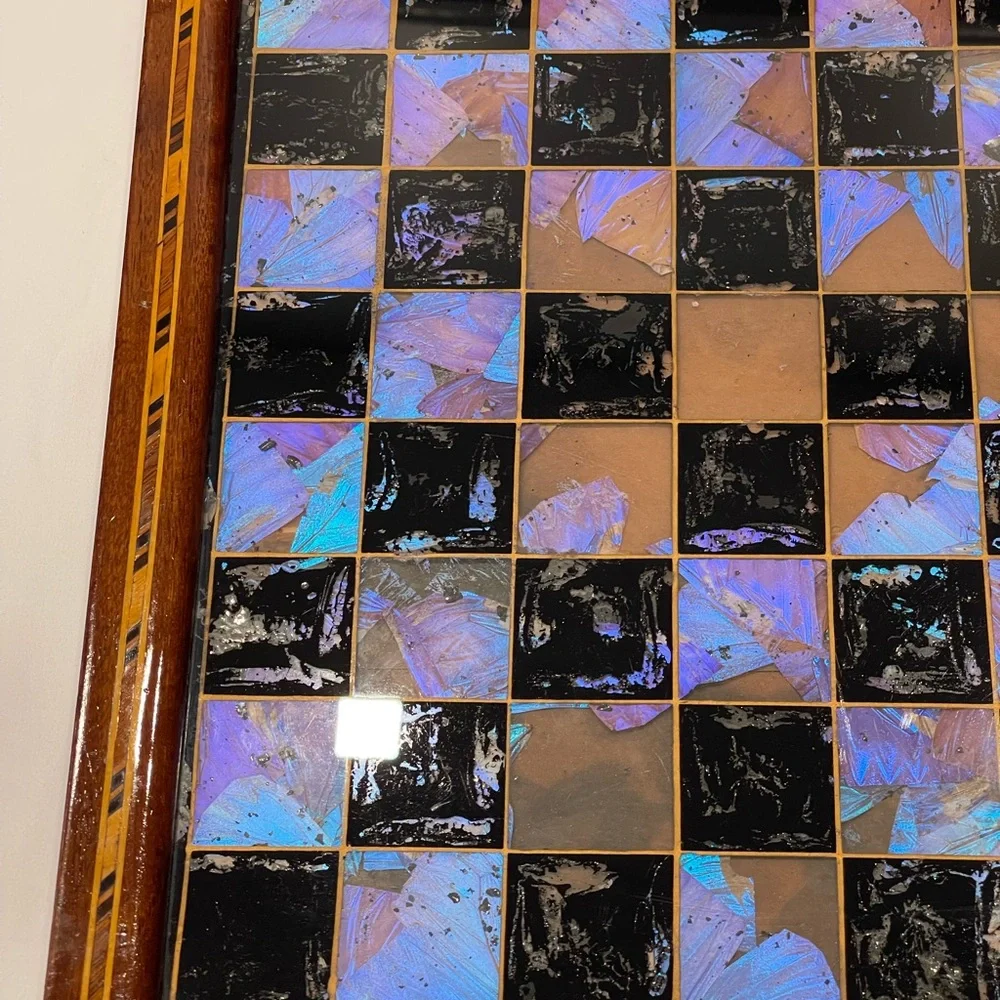 Vintage Chess Checker Board Rare Butterfly Wing Artwork Real inlaid wood BRAZIL - Picture 2 of 16
